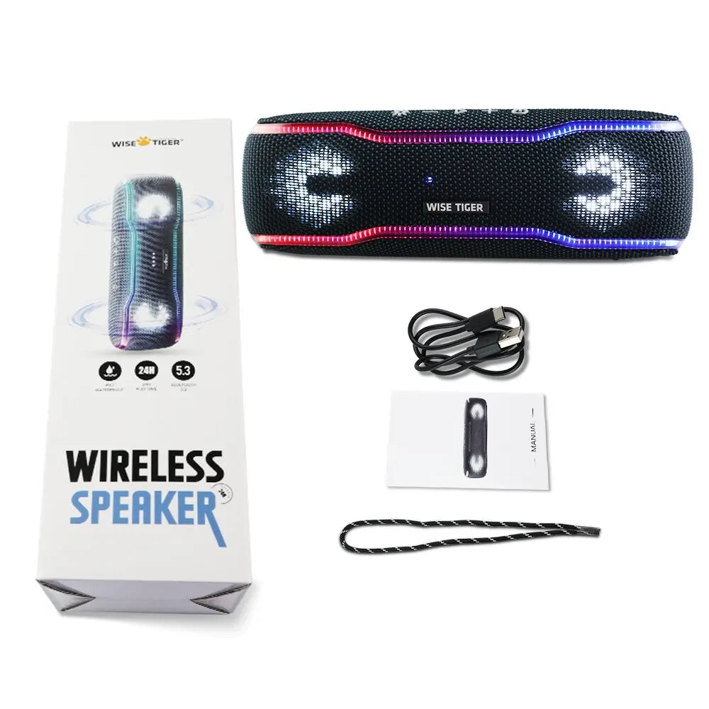 WISETIGER - Altavoz para exteriores, portátil, resistente al agua IPX7, caja de sonido BT5.3, altavoz estéreo con luz envolvente de colores de 25 W
