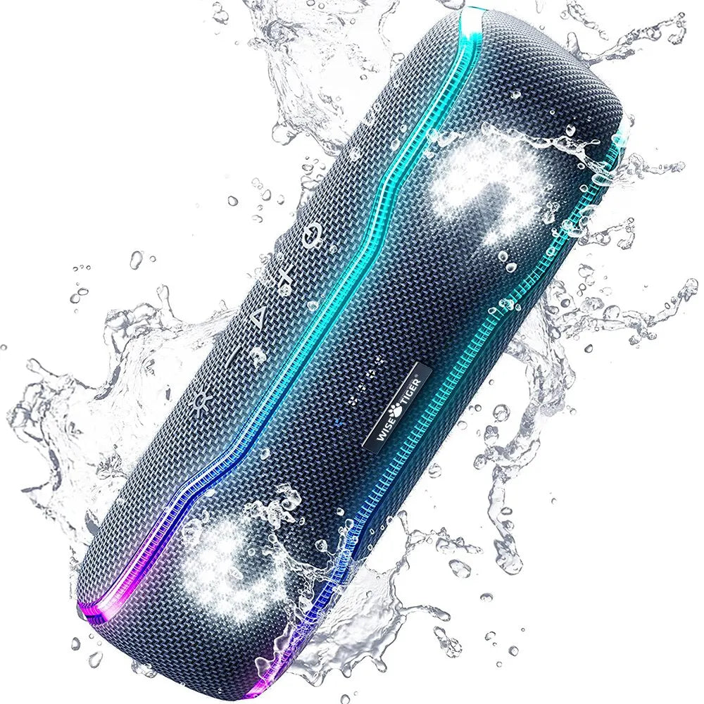 WISETIGER - Altavoz para exteriores, portátil, resistente al agua IPX7, caja de sonido BT5.3, altavoz estéreo con luz envolvente de colores de 25 W